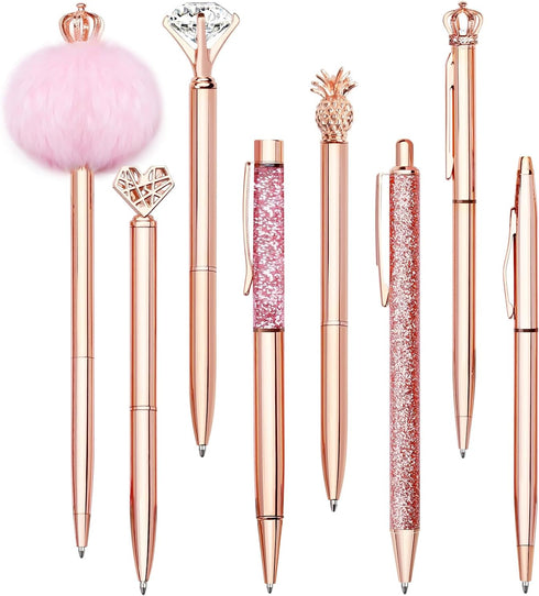 WEMATE 8Pcs Ballpoint Pens Set, Metal Crystal Diamond Pen, Black & Blue Ink, Fancy Pens for Women, Office
