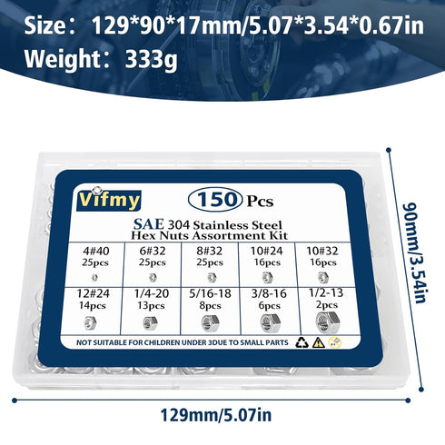 150pcs Kit,4#40 6#32 8#32 10#24 10#32 12#24 1/4-20 5/16-18 3/8-16 1/2-13 Sets,304 SAE Hex Nuts Assortment Hardware Nuts
