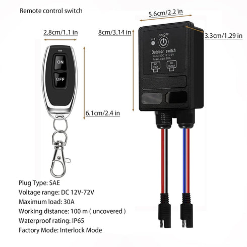 DC12V 30A 328 100) Waterproof Wireless Relay Switch Wireless Remote Control Relay Switch with SAE Interface Feet |