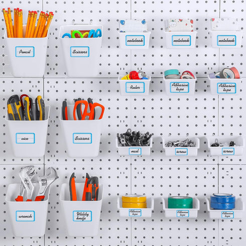 Uiifan 18 Set Pegboard Cups Kit, Plastic Bins with Hooks and Label Stickers for DIY Tools, Craft, Office Storage (White)