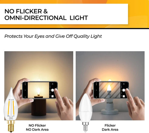 25 Bulbs, E12 Bulb Dimmable 2700K Bulbs, CA10 Bulbs, 90+ 200LM, 12 Pack Hizashi Watt Candelabra LED Soft Warm White