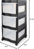 Life Story Classic 3 Tier Shelf, Standing Plastic Storage Drawers and Organizer with Wheels for Home, Black/Clear