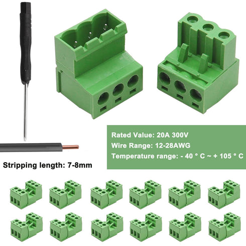 Tnisesm 12Pcs 3 Pin Screw Terminal Block Connector - 5.08mm Pitch Pluggable for 28-12AWG Cable