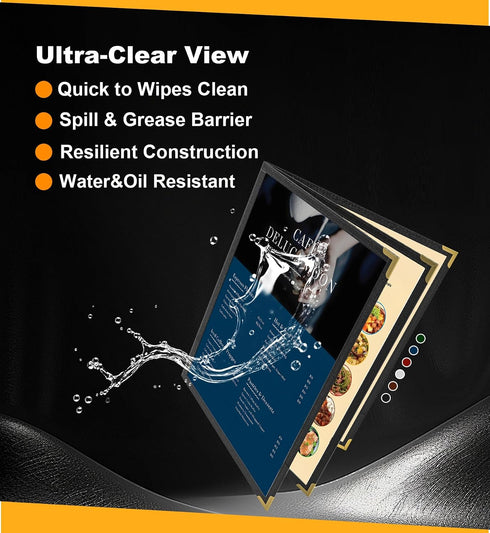 8 8.5x11 3Page 6View Pcs Black Menu Covers, Letter Size, menu Holder, Toothed Metal Corners, Waterproof