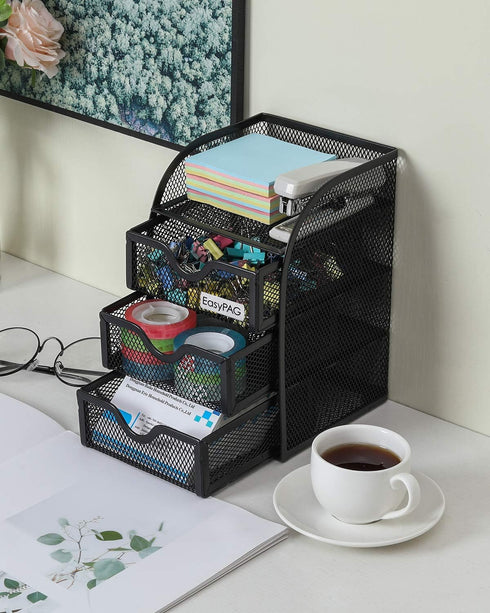 EasyPAG Mesh Desk Supplies Organizer with 3 Drawer, Office Desktop Organizers and Accessories Stationery Caddy, Black