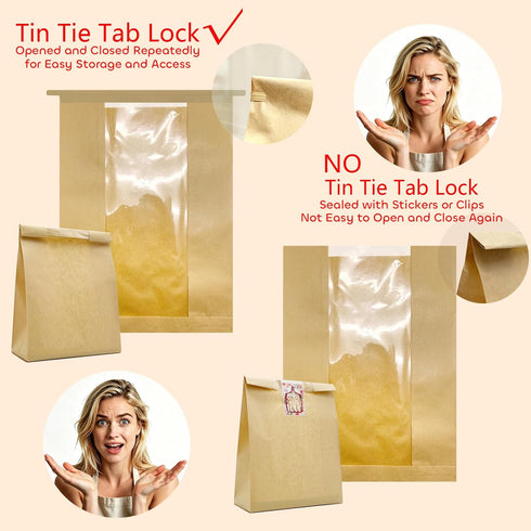 BIUBIU 50Pcs 16x10x5in Extra Large Paper Bread Bags with Tin Tie Tab Lock, XL Sourdough Bread Bags for Homemade Bread