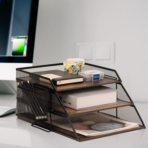 Vintage Wood & Metal Letter Tray - Stackable Desk Organizers for File, Magazines, Mail, with Pen Holder (3 Layer)