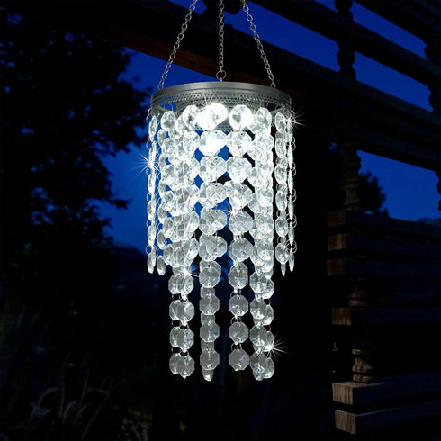 SUNNYPARK 2 21 Hanging Solar Lantern Outdoor, Tiers Solar Transparent Acrylic Beaded Chandelier with Cool White LED S
