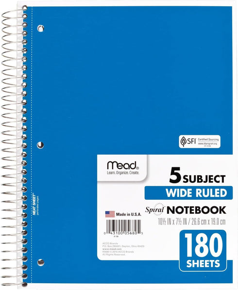 Mead Spiral Notebook, 5 Subject, Wide Ruled, 180 Sheets, 10-1/2" x 8", Color Selected For You, 1 Count
