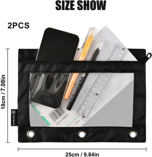 Binder Pencil Pouch 3 Ring Black Zipper Case, 2 Pack Clear Window Binder Organizer for School Office