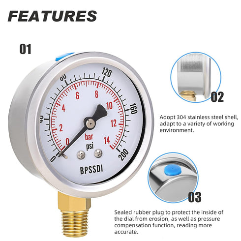0-200 Psi Pressure Gauge, Dry Water Pressure Gauge, 2-1/2" Dial, 1/4" NPT Lower Mount, Stainless Steel Case