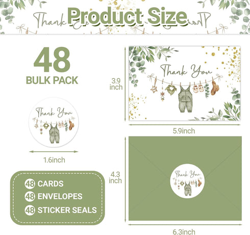 SMUAENSS 48 Pack Green Baby Shower Thank You Cards, Boy Baby Gift Card with Envelopes and Stickers, Greeting Cards Bulk