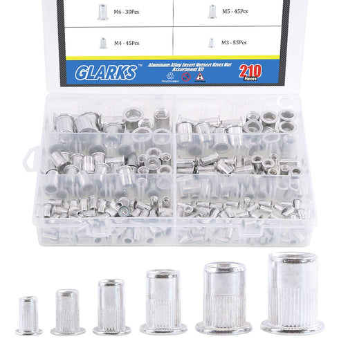 Glarks 210Pcs Aluminum Alloy Rivetnut Insert Nutsert Assortment Kit - M3 M4 M5 M6 M8 M10 Flat Head