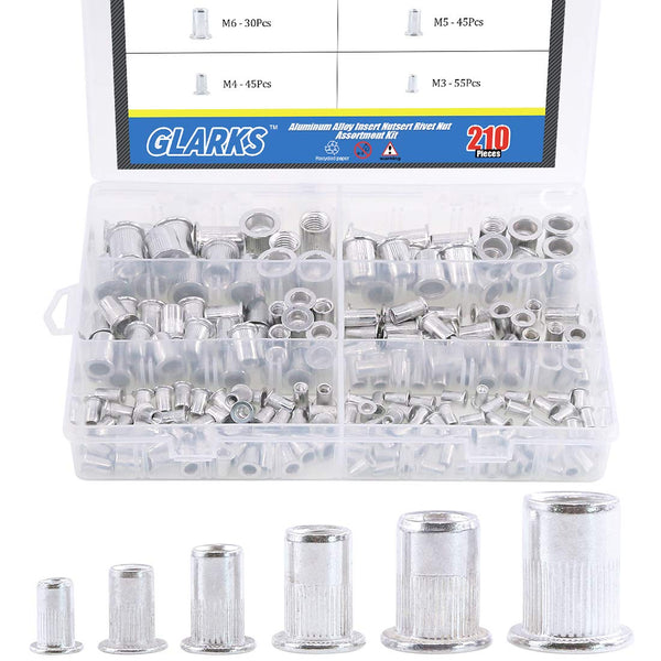 Glarks 210Pcs Aluminum Alloy Rivetnut Insert Nutsert Assortment Kit - M3 M4 M5 M6 M8 M10 Flat Head