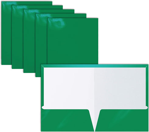 Better Office Products 25 Pack 2 Pocket Glossy Laminated Green Paper Folders, Letter Size
