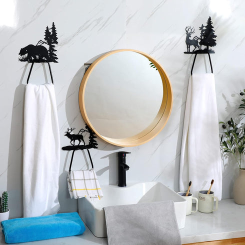 3 Peryiter Pcs Bear Towel Holder Rustic Towel Racks Cabin Bathroom Decor Black Bear Deer Wipe Ring Wall Decorations