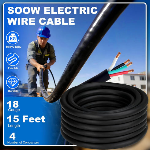 18/4 15FT 600V 18 4 Wire SOOW Wires Gauge Portable Power Cable Conductor Electric Wire Cord for Battery Charger