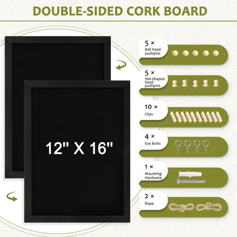 Double-Sided Black Cork Board with Linen, 16" x 12" Hanging Wood Framed Small Bulletin Board, Picture Display Vision Board Kit Corkboards for Wall Room School Office Decor, 20 Pushpins by AMUSIGHT