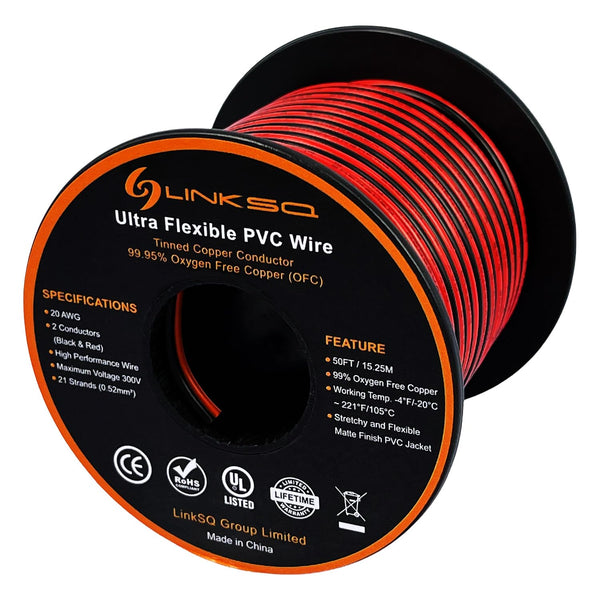 UL Listed 2468 VW-1 FT1 20 Gauge 2 Conductor Electrical Wire, 50FT Stranded Tinned Copper 20/2 Cord Extension