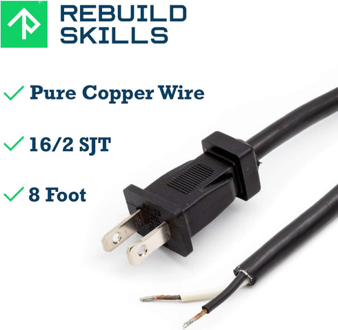 Rebuild Skills Replacement Power Tool Cords for Drills, Sanders, chop saws, Grinders, vacuums, Miter saws, appliances, Motors and Power Tools (8' ft, 16/2)