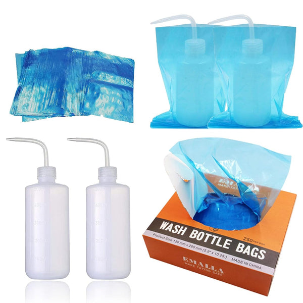 250pcs Tattoo Bottles Bags with 2pcs 250ml Tattoo Wash Bottles, Disposable Squeeze Bottle Sleeves for Tattoo Kits