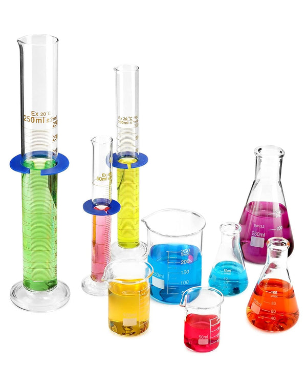 QWORK Lab Glassware Set, Beaker Flask Cylinder Set, 9 Pieces - Includes