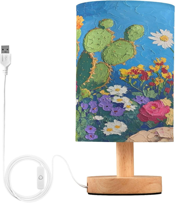 Garden with Cacti Bedside Table Lamp for Bedroom Nightstand, LED Light USB