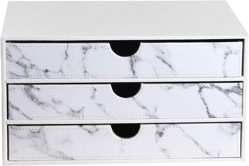 Leather Desk Organizer with 3 Drawers, Executive Office Supplies Desktop Filing Cabinet for Documents, White