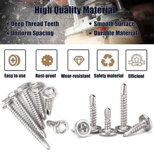 Self Drilling Screws #8 Assortment Kit, 260PCS 410 Stainless Steel Sheet Metal Screws for Metal Wood Building