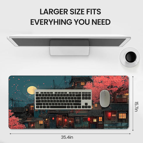 YUANSM 35.4 15.7 Inch Japanese Anime Cherry Blossom Night Scene Mouse Pad, XXL Extended x Desk Mat, Non-Slip Rubber