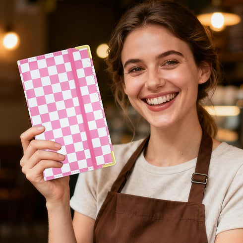 Large PU Leather Waitress Server Book, Retro Checkerboard Check Holder Organizer with Zipper Pockets, Pen Holder