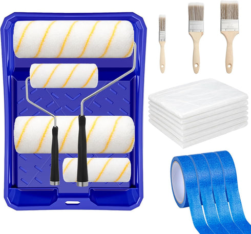 Lanties 20 Pieces Paint Roller Set, 9"4" Roller, Brush, Tray, Blue Tape and