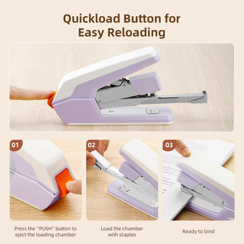 Deli Effortless Desktop Stapler, Heavy Duty, One Finger, 40-50 Sheet Capacity, includes Staples & Staple Remover, Violet