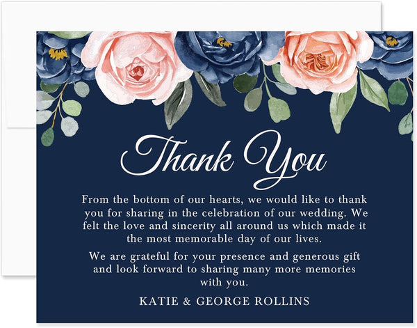 Personalized Wedding Thank You Cards with Message, 5.5x4.25 Navy Blue Flat Thank
