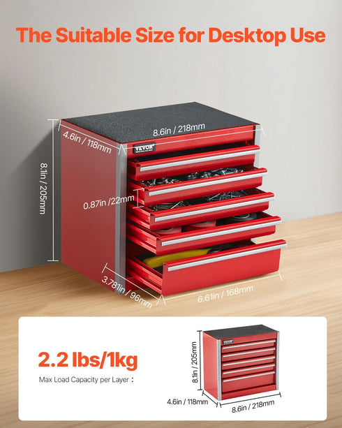 8.6-inch, 5 VEVOR Metal Tool Box, Portable Metal Tool Box with Drawers, Small Tool Chest with EVA Liners and PP Feet