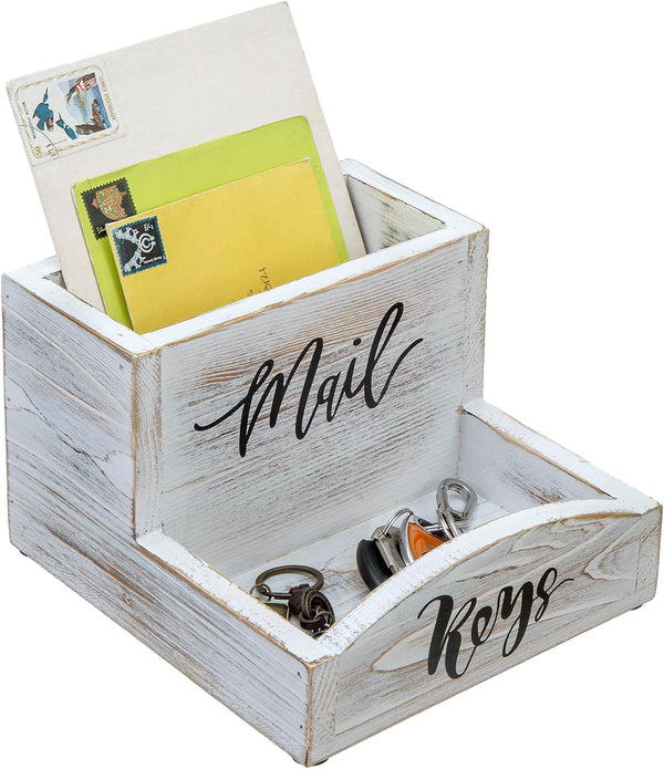 MyGift Shabby Whitewashed Solid Wood Mail Holder and Key Organizer, Entryway Storage Tray for Office