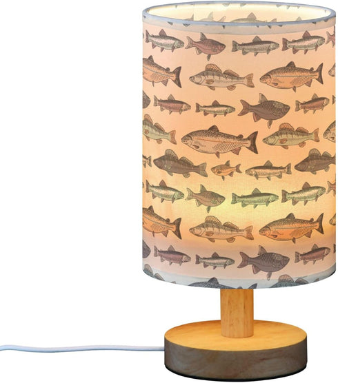 YYZZH Vintage Fish Pattern Table Lamp with Wood Base Fabric Lamp Shade Bedside Nightstand Desk Lamp for Living Room