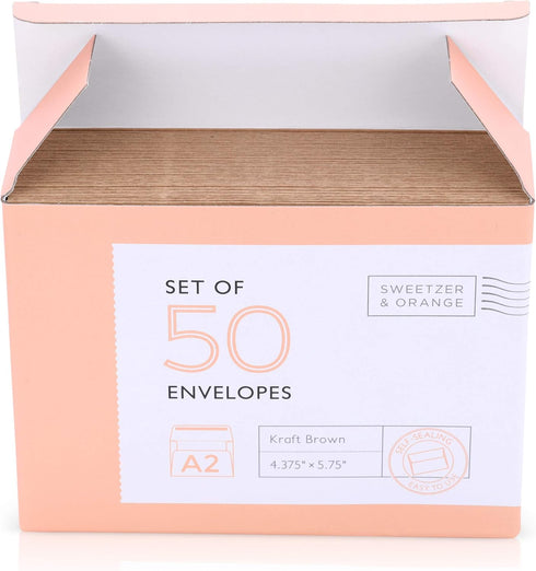 Sweetzer & Orange A2 Envelopes (50 with Box), Brown Envelopes Self Seal, Luxury 150gsm for Greeting Card and Invitation