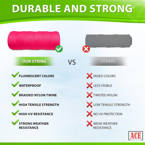 Fluorescent Pink Mason Line String - #18 Braided Nylon String, 250 Ft Length for Gardening or Masonry Tools