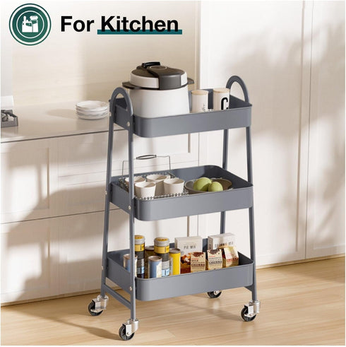 Generic 3 Tier Rolling Cart, Metal Utility Cart with Wheels, Lockable Storage Organizer for Kitchen, Bathroom, Living