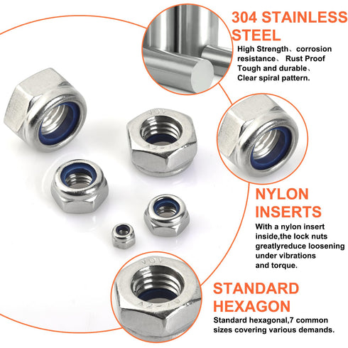 ALLWIN M3 M4 M5 M6 M8 M10 M12 Set,140PCS Nuts,304 Locknuts Assortment Kit - Metric Nylon Insert Lock Nuts Lock
