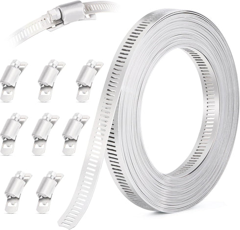 10FT Hose Clamps, 304 Stainless Steel Hose Clamp Assortment Kit with 8 Fasteners, Adjustable Worm Gear