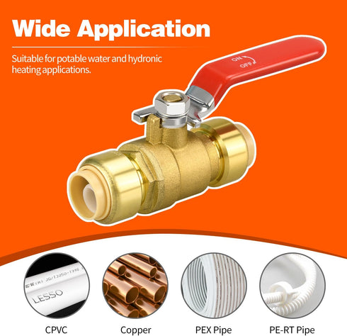 Push Fit Ball Valve, 2 Pack 1/2" Push-Fit Full Port Ball Valve with Disconnect Clip for Water Shut Off