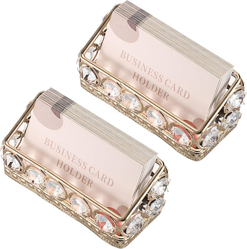 Hipiwe 2 Packs Crystal Business Card Holder, Gold Metal Display Holder for Desk, Bling Office Desktop Organizer with