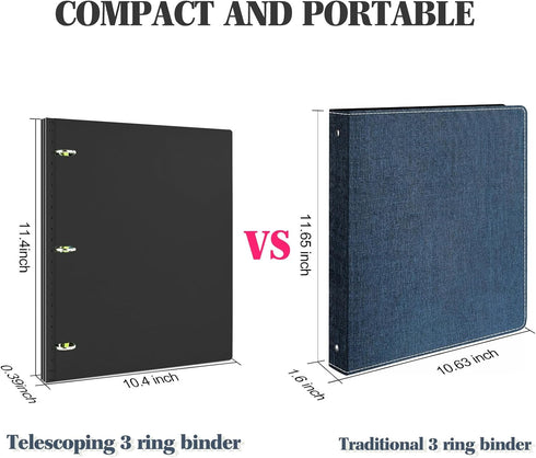Telescoping 3 Ring Binder, Portable Plastic with Telescoping Spine, Holds 8.5" x 11" Paper for School Office