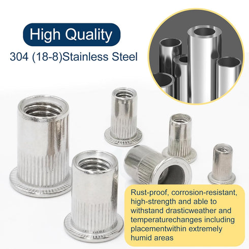 Vifmy 304 Kit(218 Pcs),M3 M4 M5 M6 M8 M10 Set,Rivnut Metric Stainless Steel Rivet Nut Assortment Flat Head Rivnut