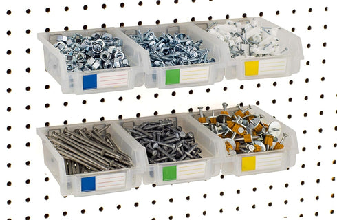 Pegboard Bins - 3.5" Clear Bins, 6 Pack - Hooks to Any Peg Board for Organizing Hardware, Accessories, Craft Supplies