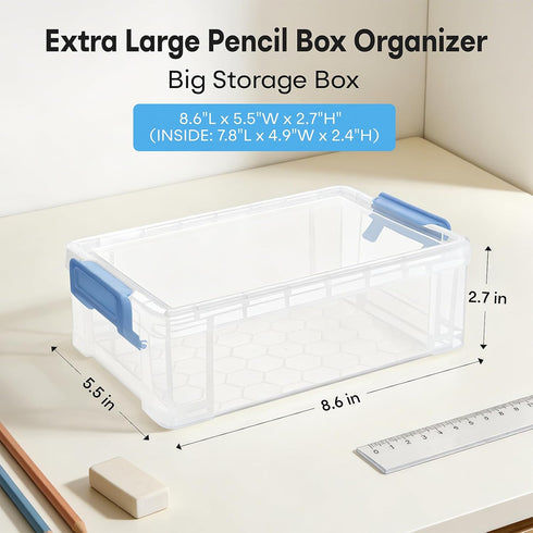 Extra Large Clear Pencil Box for Crayons, Markers, Art Supplies, Plastic Hard Pencil Case with Secure Lid, Stackable