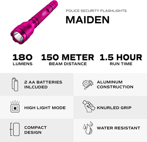 Police Security Maiden Ultra Bright LED Flashlight -180 Lumens -150 Meter Beam Distance -Small, Powerful, Compact & Water Resistant - EDC, Home Security & Camping Battery Powered Flashlight - Pink by Police Security