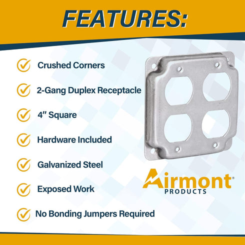 AP-12098 4" Square Double Duplex Electrical Box Cover, 1/2" Raised, Galvanized Steel, Crushed Corners, 2-Gang